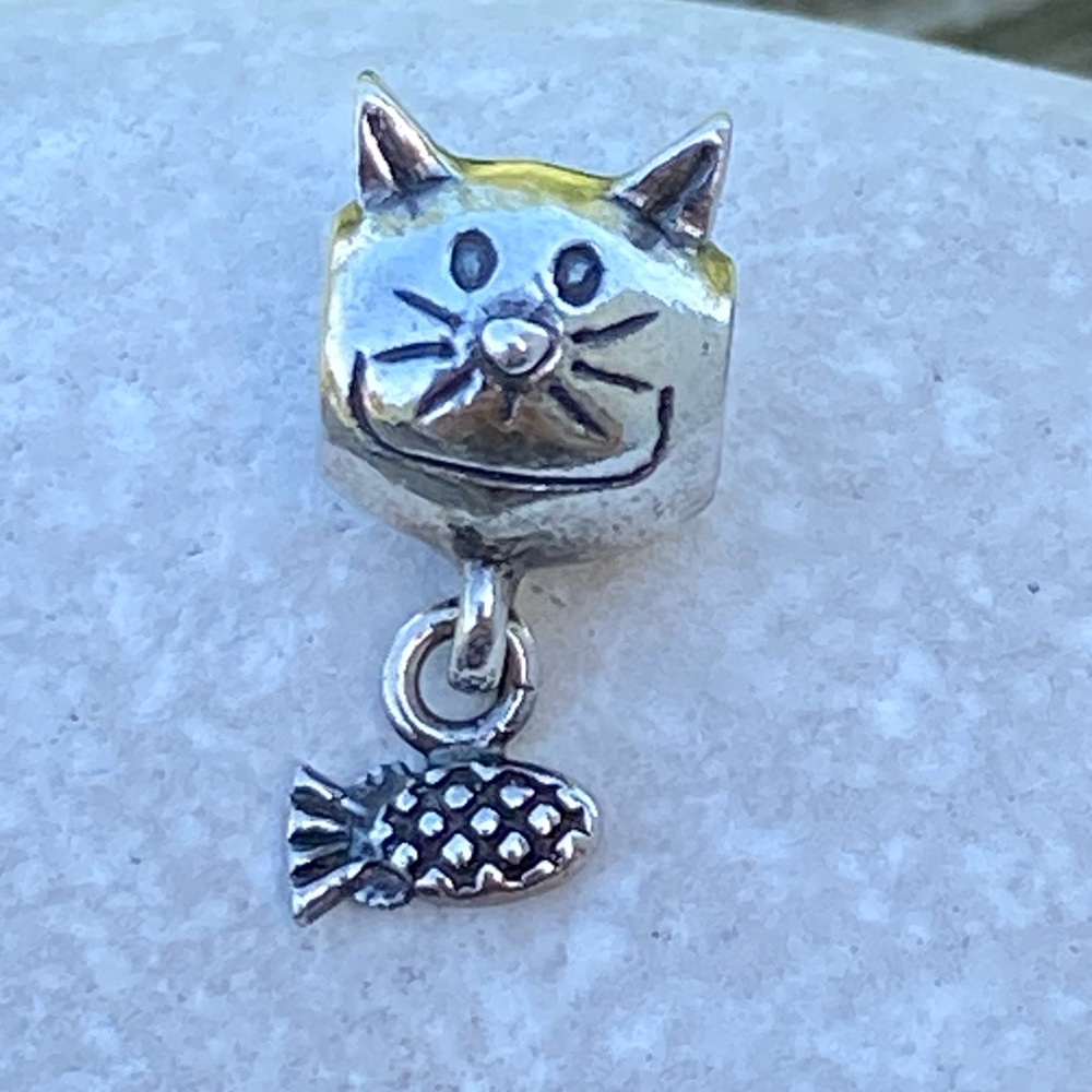 Vintage Cat and Fish .925 Sterling Silver charm bead Italy Michael Anthony